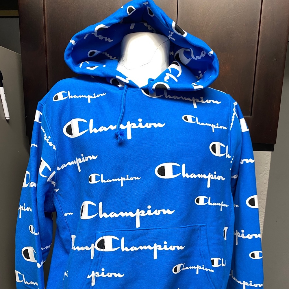 Champion All Over Logo Royal Blue Hoodie Size Medium